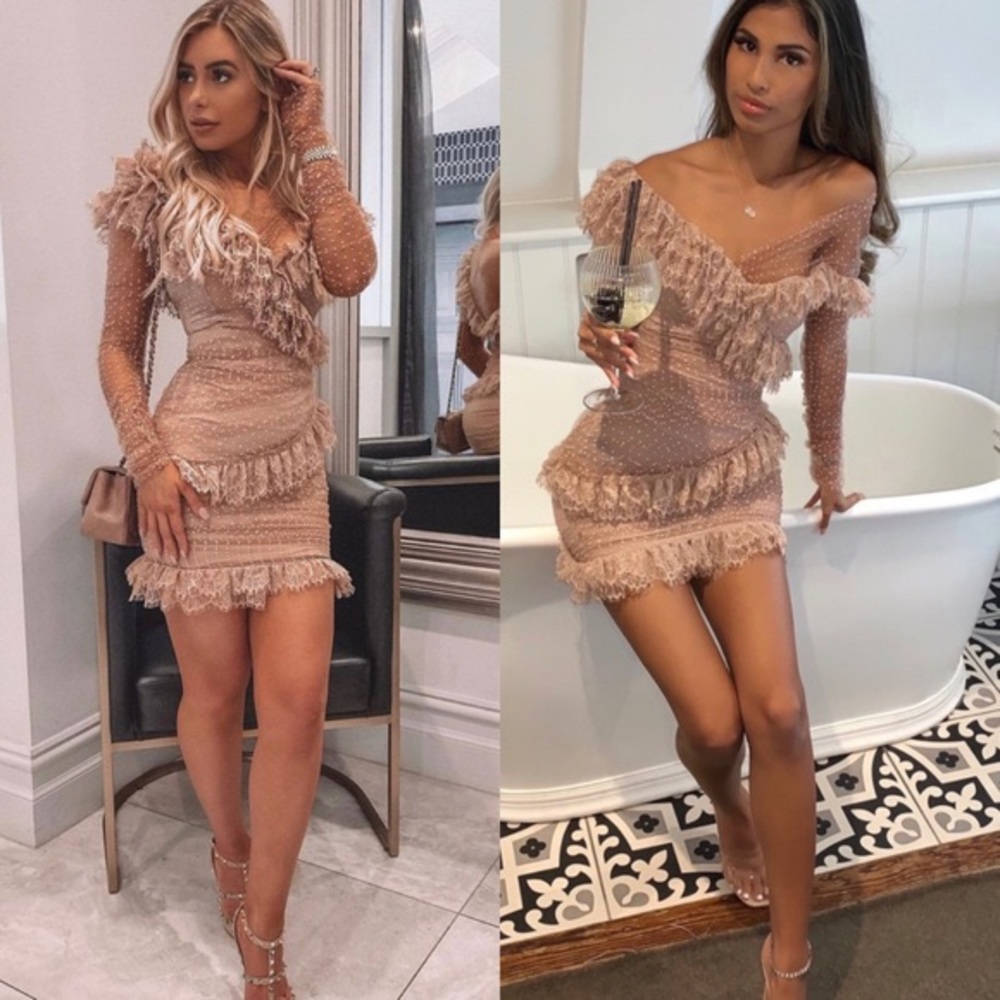 HOUSE OF CB 'Sorrel' Blush Lace Frill Mini Dress NWOT